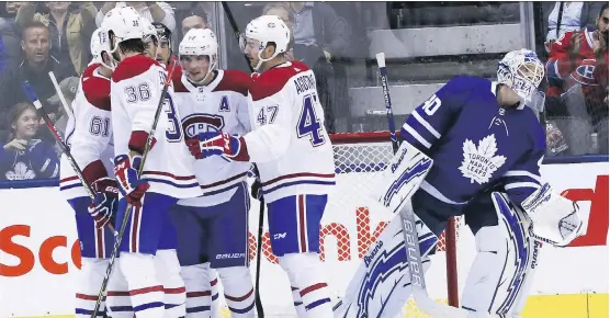  ?? VERONICA HENRI ?? Maple Leafs goaltender Garret Sparks reacts after letting in the first of five goals on 23 shots in 40 minutes as the visiting Montreal Canadiens won 5-1 in Toronto, Monday.