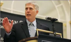 ?? OLIVER CONTRERAS/SIPA USA FILE PHOTOGRAPH ?? Supreme Court Justice Neil M. Gorsuch speaks at the Trump Hotel on Sept. 28, in Washington, D.C.