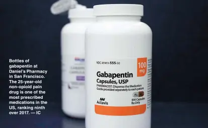  ??  ?? Bottles of gabapentin at Daniel’s Pharmacy in San Francisco. The 25-year-old non-opioid pain drug is one of the most prescribed medication­s in the US, ranking ninth over 2017. — IC