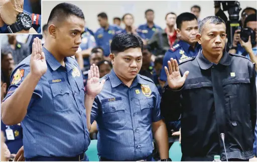  ??  ?? KIAN SLAY HEARING – Caloocan police officers Jeremmas Pereda (left), Jerwin Cruz and Arnel Oares take their oath during the Senate hearing on the killing of Kian Loyd delos Santos Thursday. Also at the hearing was PNP chief Director General Ronald dela...