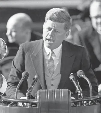 ?? AP ?? John F. Kennedy delivers his inaugural address Jan. 20, 1961, after taking the oath of office. The authors, inset, give the president far more credit in controllin­g his rise to the office.