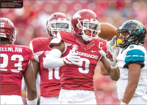  ??  ?? Santos Ramirez has been a physical, vocal and emotional leader for Arkansas. PHOTO BY BEN GOFF