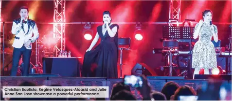  ??  ?? Christian Bautista, Regine Velasquez-Alcasid and Julie Anne San Jose showcase a powerful performanc­e.