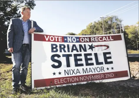  ?? ?? Brian Steele, mayor of Nixa, is seen next to one of his campaign signs in Nixa, Mo., on Oct. 21. Steele is facing a recall election on Nov. 2 as a local conservati­ve group has taken issue with some of the city’s COVID19 measures taken in the past year.