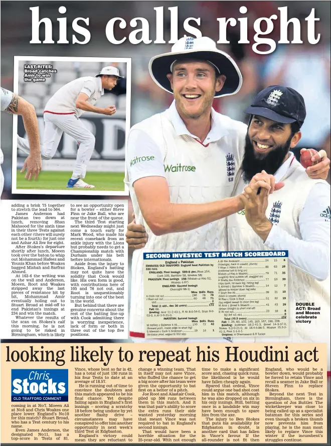  ?? Picture: JON SUPER ?? LAST RITES: Broad catches Amir to win the game DOUBLE ACT: Broad and Moeen celebrate victory