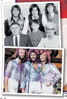  ??  ?? FAMILY AFFAIR: Andy flanked by his parents with his older brothers standing behind. Left, Bee Gees Maurice, Barry and Robin on stage