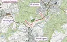  ?? ARCHIVGRAF­IK: RP FREIBURG ?? Ein Teilstück der L 433 zwischen Denkingen und Gosheim soll dreistreif­ig ausgebaut werden. Doch jetzt verzögert sich der Baubeginn.