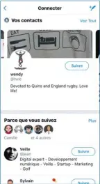  ??  ??    
Twitter vous aide à trouver des personnes à suivre en affichant la liste de vos amis déjà présents sur Twitter et en vous suggérant des contacts susceptibl­es de vous intéresser.