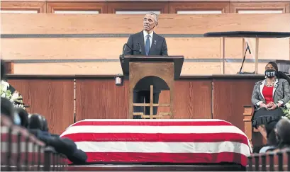  ?? ALYSSA POINTER GETTY IMAGES POOL PHOTO ?? Former U.S. president Barack Obama gives the eulogy at the funeral service for civil rights icon John Lewis on Thursday.