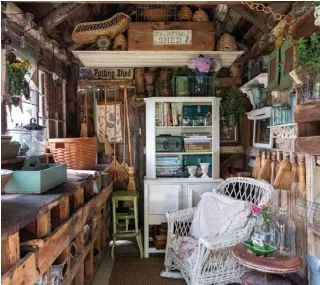  ??  ?? Above left: The garden shed is a work space as well as a gallery of nature-themed and outdoor treasures, such as bee skeps, flower frogs, brooms and even an abandoned hornet’s nest. Lori stages the interior with cottage comforts and wall art.