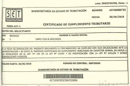  ??  ?? Al ingresar el RUC 800 304 19-5, el número del certificad­o 427 66586733 y el número de control 86F20884 en el sistema online de la SET se encontró que no coinciden con ningún certificad­o existente. Esto se entregó en la Comuna.