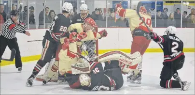  ?? ERIC MCCARTHY/JOURNAL PIONEER ?? From third left in white, Isaac Knox, Jason Gallant and Curklan Fraser celebrate Gallant’s second goal of the game for the Arsenault’s Fish Mart Western Red Wings. The Red Wings won the Island Junior Hockey League Boxing Day contest 7-1 over the...