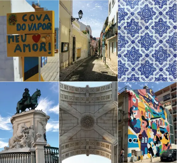  ??  ?? VIBRANT CITY (Clockwise from top left) A sign declares love for the fishing village of Cova do Vapor in Lisbon’s southeast; Pastelcolo­ured houses line a narrow lane; Azulejo tiles; Street art in Lisbon; The underside of the Rua Augusta Arch; The statue...