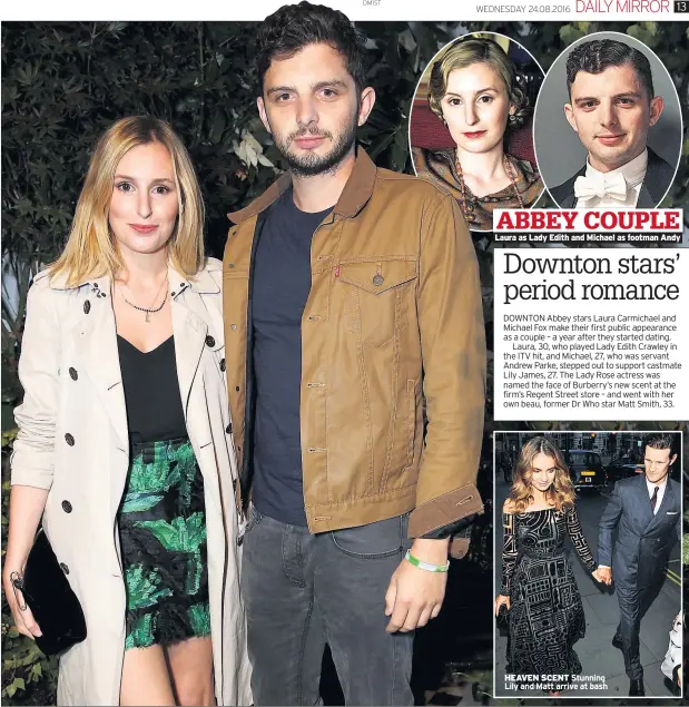  ??  ?? ABBEY COUPLE Laura as Lady Edith and Michael as footman Andy HEAVEN SCENT Stunning Lily and Matt arrive at bash