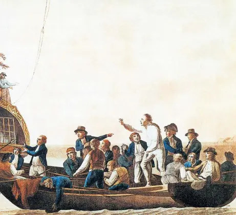 ?? //// Pictures From History/Getty Images ?? Spektakulä­res Ereignis auf hoher See: Die Aussetzung des Kapitäns und seiner Gefolgsleu­te durch Meuterer.