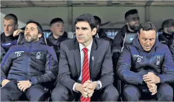  ??  ?? Time almost up: Aitor Karanka (centre) on the Nottingham Forest bench during match with Norwich City at Carrow Road last month