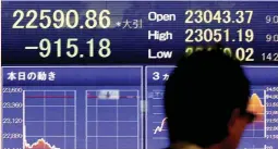  ?? (Reuters) ?? A man looks at an electronic board showing the Japan’s Nikkei average yesterday in Tokyo.