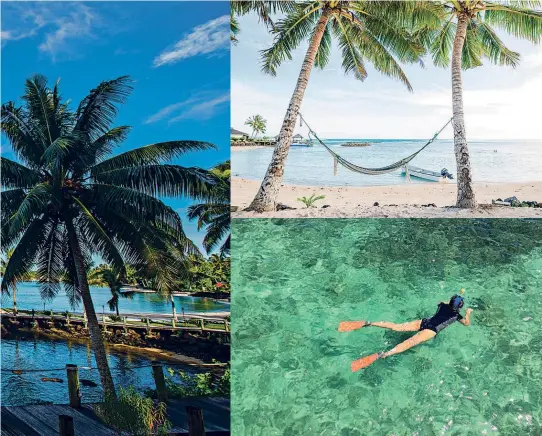  ??  ?? Main: Ava I Toga Overwater Restaurant and Bar. Top right: Hanging about on the beach Bottom right: Snorkellin­g at Sinalei Reef Resort & Spa.