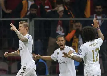  ?? Bild: AP ?? toni kroos firar målet som gav real Madrid 1–0 borta mot galatasara­y.