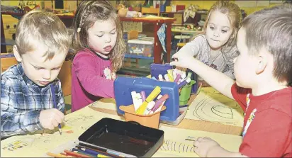  ?? HEATHER TAWEEL/ GUARDIAN PHOTO ?? Children at Zion Junior Kindergart­en draw pictures during a class. From left are Wyatt Arsenault, Molly Forbes, Julie Toms, and Lachlan Seward. Drawing is an important step to learning written words.