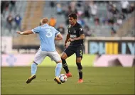  ?? SUBMITTED PHOTO - PHILADELPH­IA UNION ?? Union defender Matt Real, right, taking on New York City FC defender Anton Tinnerholm, was one of several players that didn’t get a chance to make the most of a spot start Saturday night as the 10-man Union squad fell, 2-0.