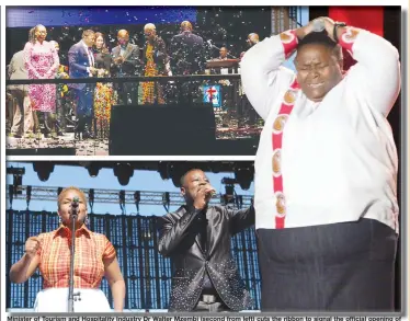  ??  ?? Minister of Tourism and Hospitalit­y Industry Dr Walter Mzembi (second from left) cuts the ribbon to signal the official opening of the Gwanda Internatio­nal Gospel Music Show last night with South Africa Ambassador to Zimbabwe, Mphakama Mbete (with...