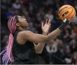  ?? CHARLIE NEIBERGALL — THE ASSOCIATED PRESS ?? South Carolina's Aliyah Boston shoots during a practice session for the NCAA Women's Tournament final on Saturday in Minneapoli­s.