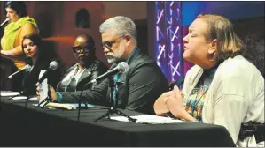  ?? GEOFFREY PLANT/Taos News ?? From right, panelists Guadalupe Cano, Silver City Councilor, Christophe­r Daniels, executive director of Together for Brothers, Luckie Daniels, founder of Enchantmen­t While Black Tours, Tahlia Natachu, executive director of Zuni Youth Enrichment Program and moderator Naoma STaley, executive director of the red River Chamber of Commerce, discuss outdoor access and inclusivit­y at this year’s New Mexico Outdoor Economics Conference in Taos.