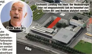  ??  ?? Peter Kulka (81) Sachsens Landtag von oben. Der Neubaurieg­el (hier rot eingezeich­net) soll im Innenhof zwischen Alt- und Neubau platziert werden.