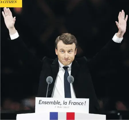  ?? THIBAULT CAMUS / THE ASSOCIATED PRESS ?? French president-elect Emmanuel Macron, 39, celebrates his election win outside the Louvre museum in Paris on Sunday.