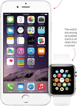  ??  ?? The Apple Watch is designed to work with the iPhone The watch’s apps are arranged as bubbles that zoom in and out when the crown is turned