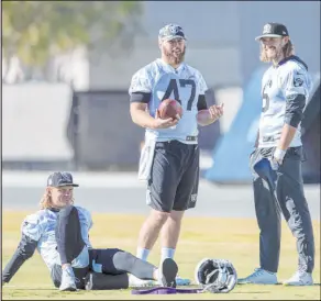  ?? Heidi Fang Las Vegas Review-journal @Heidifang ?? The Raiders cut long snapper Trent Sieg, center, despite the chemistry he shared with kicker Daniel Carlson, left, and punter AJ Cole, right.