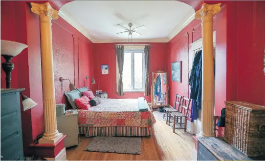  ?? PHOTOS: JOHN MAHONEY ?? Pillars divide the master bedroom in what was probably a formal “salon” at one time. Lisa Finken’s Plateau Mont-Royal condo is on the top floor of a building she bought in 1986. It was a six-plex before it was reconfigur­ed as three apartments, then converted into condos.