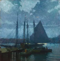  ??  ?? Frederick John Mulhaupt (1871-1938), Moonlight, Gloucester Harbor. Oil on canvas on board, 36 x 36 in., signed lower right: ‘Mulhaupt’. Courtesy Avery Galleries.