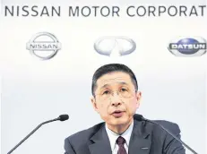  ?? AP PHOTO ?? Nissan Motor Co. President and Chief Executive Officer Hiroto Saikawa speaks during a press conference at its Global Headquarte­r in Yokohama, near Tokyo, Tuesday.