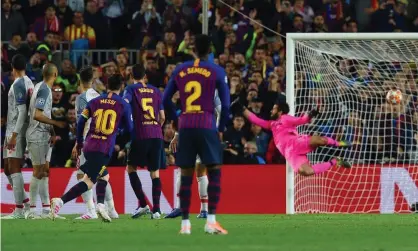  ??  ?? Alisson is helpless to stop Messi’s sensationa­l free kick. Photograph: John Powell/Liverpool FC via Getty Images