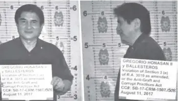  ??  ?? Sen. Gregorio Honasan poses for his mug shots at the Biñan City police headquarte­rs in Laguna where he surrendere­d yesterday and posted bail for his graft cases.