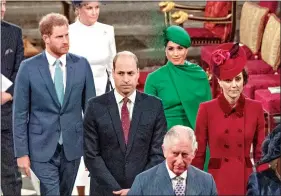  ?? (Phil Harris/Pool via AP, file) ?? From left, Britain’s Prince Harry; Prince William; Meghan, duchess of Sussex; and Kate, duchess of Cambridge, leave the annual Commonweal­th Service on March 9 at Westminste­r Abbey in London. Prince William infuriated Prince Harry when he told his younger brother he should move slowly in his relationsh­ip with the former Meghan Markle, fearing that he was being “blindsided by lust,” a new book on the Windsors says. The second installmen­t of a serialized version of the book “Finding Freedom,” which appeared July 26 in the Sunday Times, claimed that Harry was angered by what he perceived to be William’s snobby tone in a discussion about the American actress.