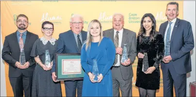  ?? ?? The 2018 CBU Alumni Award recipients from left: Douglas Ronne, accepting the community service award on behalf of Alicia Lake; Eileen Gilday-Flynn, accepting the volunteer award on behalf of the late Darrell Flynn; Norm Smith, honorary alumni; Kori Andrea, outstandin­g young alumni; Donnie Morrison, friend of Cape Breton University; Sohaila Abdo, internatio­nal alumni; and Ray Ivany, lifetime achievemen­t award.