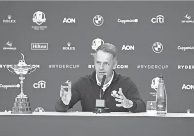  ?? KYLE TERADA/USA TODAY SPORTS ?? Team Europe captain Luke Donald addresses the media Monday during a news conference ahead of the Ryder Cup at Marco Simone Golf and Country Club in Italy.