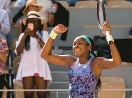  ?? MICHEL EULER/AP ?? Coco Gauff of the U.S. celebrates winning her semifinal match against Italy’s Martina Trevisan in two sets, 6-3, 6-1, at the French Open on Thursday in Paris.