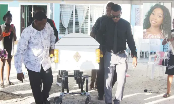  ??  ?? Pall bearers carrying the body of Kescia Branche to the hearse as the funeral procession prepared to make its way to the (Keno George photo) St.Augustine Anglican Church at Friendship, East Coast Demerara for burial in the Church yard. Inset Kescia...