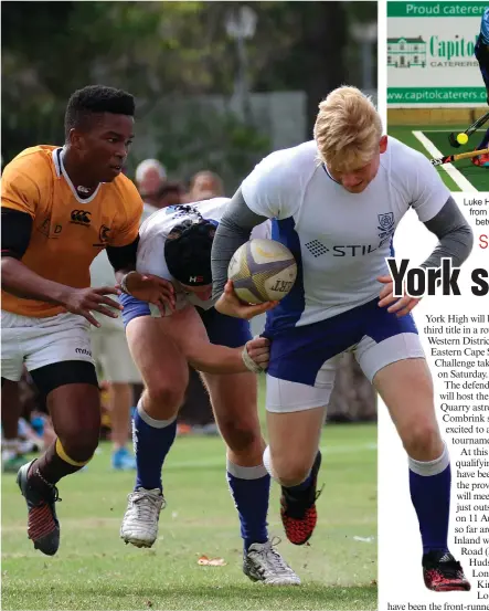  ?? Photos: Hugo Redelinghu­ys ?? Marley Ford from York’s first rugby team on the attack with the ball in the interschoo­l match against Woodridge. Woodridge, from Port Elizabeth, won this tight contest with a penalty in the dying seconds of the match by 11-10. Luke Hartley elegantly...