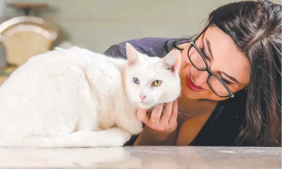  ?? ?? Eliza Malerba rescued Zaki from the Cat Protection Society of Victoria’s Happily Furever After program and taught him to kiss. Picture: Tim Carrafa