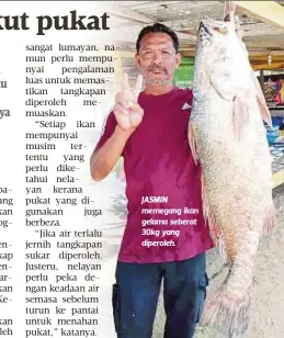  ??  ?? JASMIN memegang ikan gelama seberat 30kg yang diperoleh.