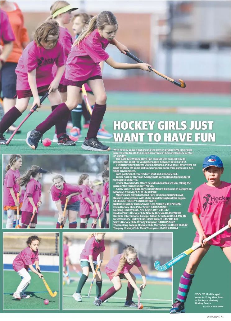  ?? Picture: ALAN BARBER ?? STICK TO IT: Girls aged seven to 12 try their hand at hockey at Geelong Hockey Centre.