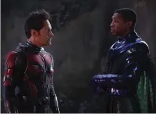  ?? DISNEY — MARVEL STUDIOS VIA AP ?? This image released by Disney shows Paul Rudd, left, and Jonathan Majors in a scene from “Ant-Man and the Wasp: Quantumani­a.”