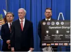  ?? ?? US deputy attorney general Jeffrey Rosen, FBI director Christophe­r Wray and Drug Enforcemen­t Agency acting administra­tor Timothy Shea announce operation Disruptor