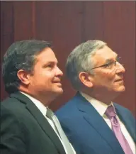  ?? Emilie Munson / Hearst Connecticu­t Media file photo ?? Senate Republican Leader Len Fasano, R-North Haven, right, watched the votes on a tally board with Mike Cronin, staff attorney for Senate Republican­s, at the State Capitol in a March 27, 2018 file photo.