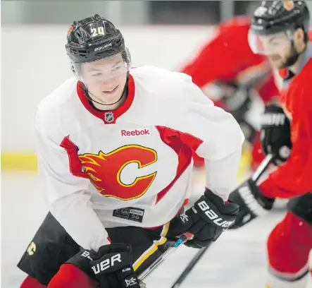  ?? LYLE ASPINALL ?? Newly acquired Curtis Lazar skates during a Flames practice at WinSport on Thursday. Lazar, a former Western Hockey League star, was acquired from the Ottawa Senators earlier this week.